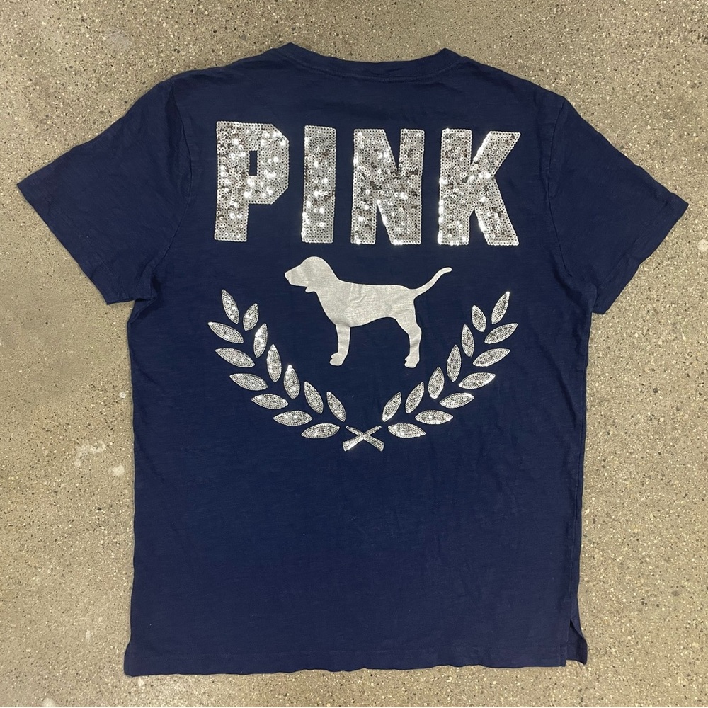 Navy Victoria's Secret PINK Sequin Shine Campus Short Sleeve Tee size Medium